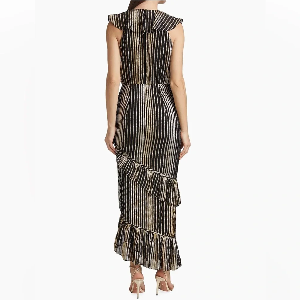Saloni Anita silk blend Black Gold Ruffled Sleeveless Dress - Picture 3 of 16